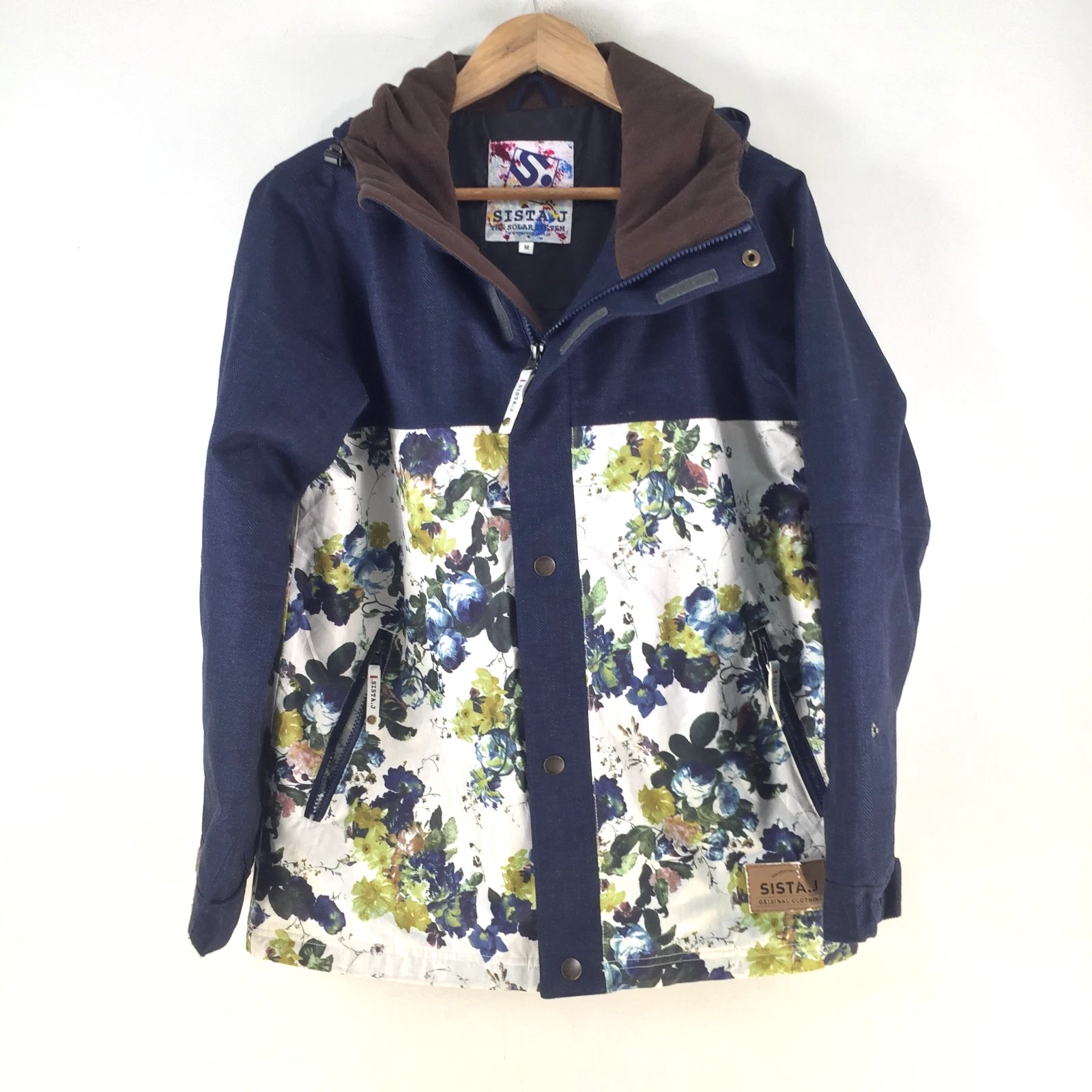 Sista.J Japan womens snow jacket M floral navy blue long sleeve zip hood 119637