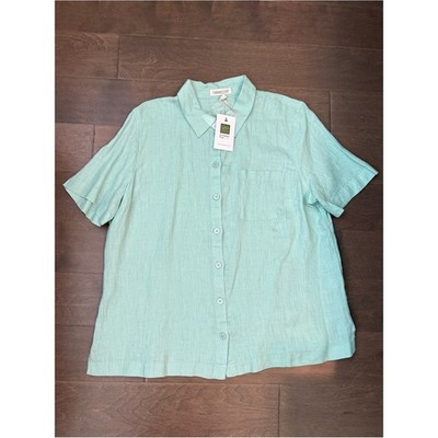 NWT Coldwater Creek Linen Seafoam  Green Short-Sleeve Button Front Shirt Large