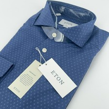 Eton Shirt Mens 39 15.5 Blue Signature Twill Slim Fit Dress Cotton Micro Dot