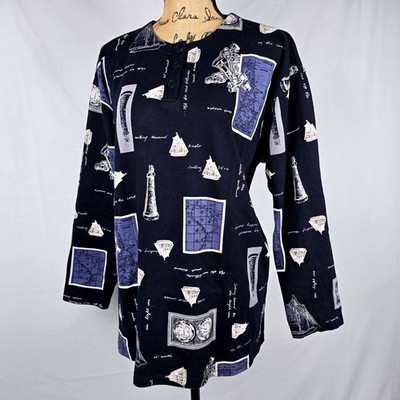CHAUS SPORT Nautical Print Long Sleeve Henley Shirt Women's Size L Navy Sailing