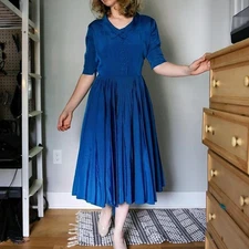 Vintage 40s / 50s Blue Quarter Sleeve Button Up Dress from Henry Rosenfeld