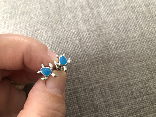 Blue & Silver Enamel Turtle Stud Earrings, Butterfly Closure, Lobe