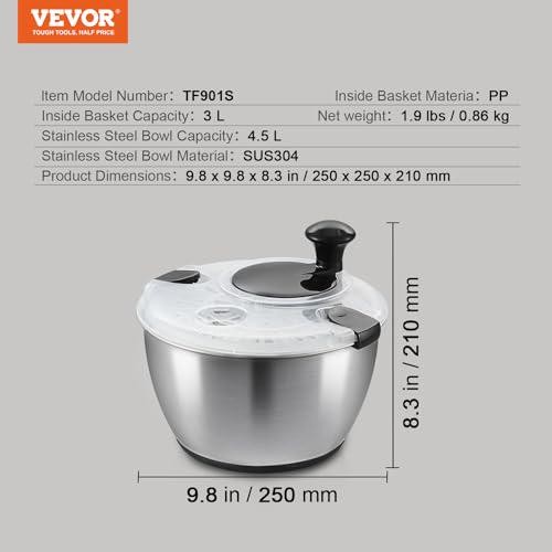 VEVOR Stainless Steel Salad Spinner, 4.75Qt, One-handed Easy Press Large Dryer - Picture 7 of 12
