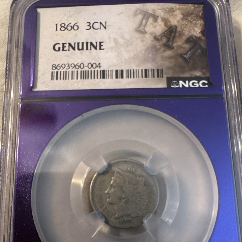 1866 3CN Three Cent Nickel Closed 3 NGC Genuine Business Strike Phila