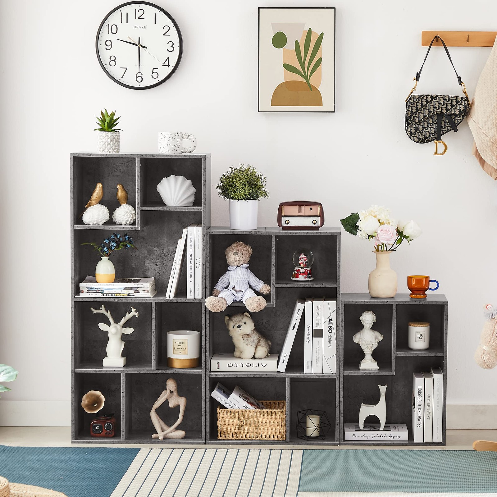 5 Cube Modern Bookcases, 3 Tier Bookshelves, 31 Inch High Cubby Storage Organ...