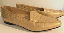 Vintage 80s 90s CHANTAL Shoes Flats Quilted Leather Metallic Gold Size 7 Italy
