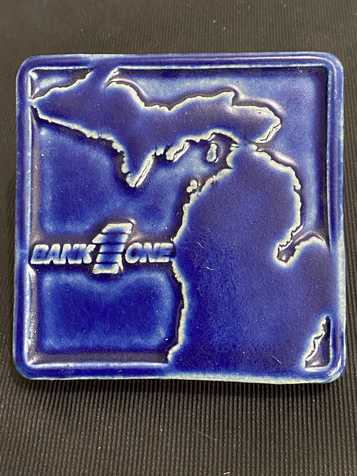 Vtg 2000 Pewabic Detroit Pottery Blue Michigan Tile Bank One Advertising