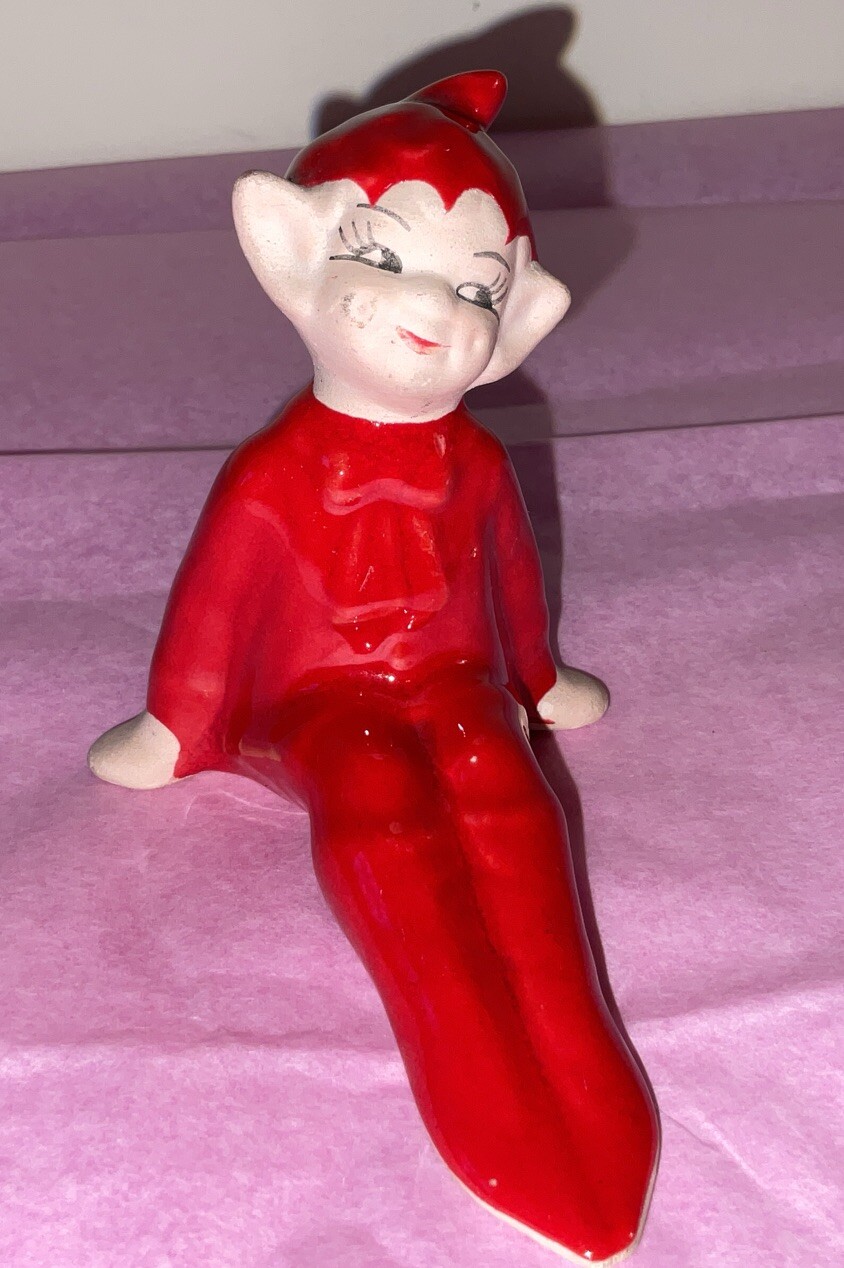 Vintage Christmas 1950s Kitsch Red Ceramic Pixie Elf