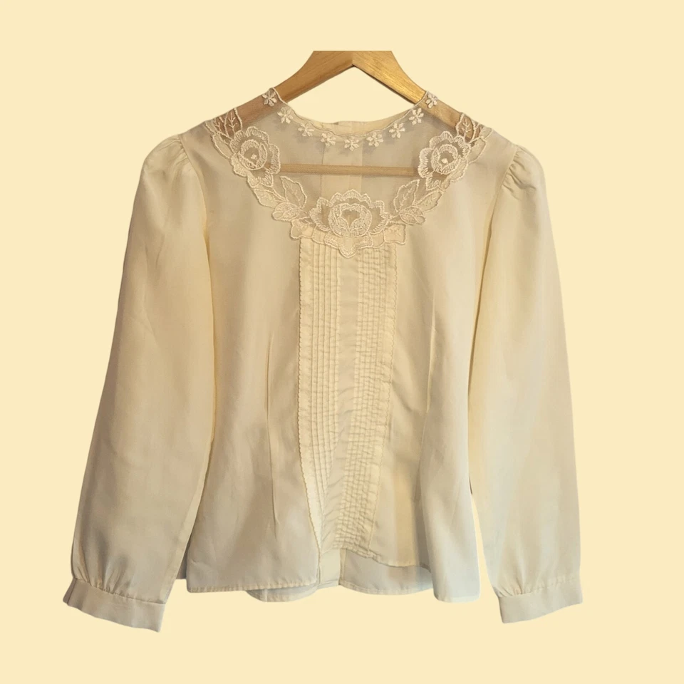 Blusa de encaje estilo eduardiano victoriano vintage manga abullonada pintuck talla S marfil Foto 2 de 4