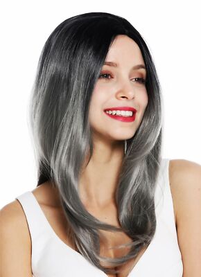 Perücke Damenperücke lang glatt Mittelscheitel Ombre Balayage Schwarz Grau