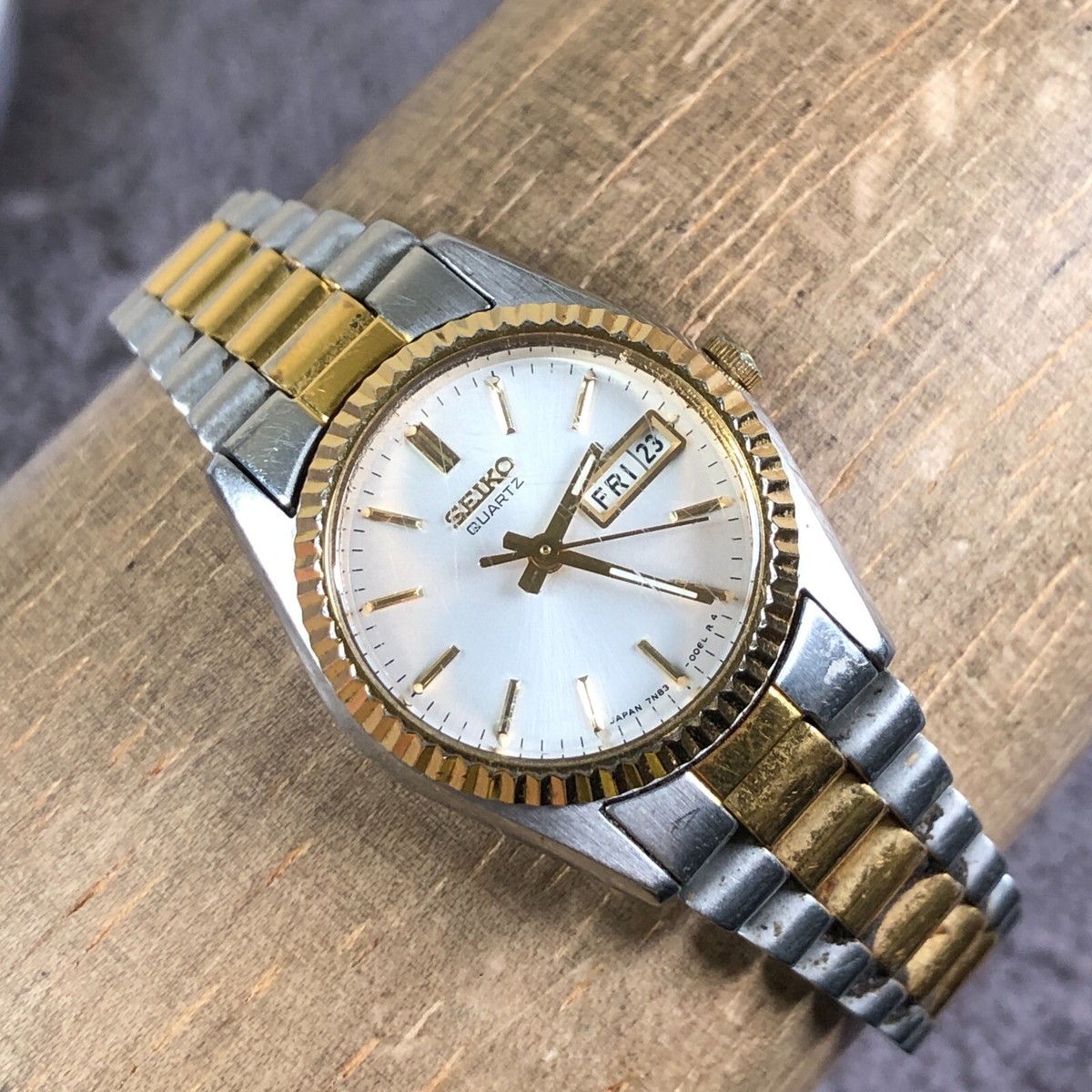 VTG Seiko Women 7N83-0040 Dress Day/Date President Two-Tone 24mm