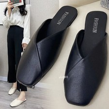 Women Summer Elegant Square Closed Toe Flat Slippers Female Shoes Casual Leather