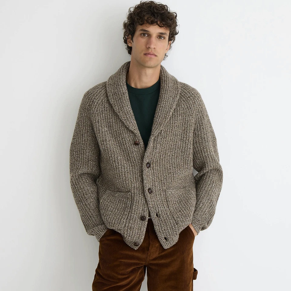 NWT J Crew Rugged Merino Wool Heavyweight Cowl Neck Shawl Cardigan Sweater Beige - Image 4 of 4