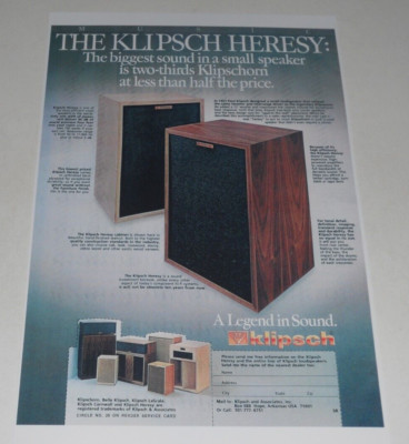 Klipsch Heresy Audiophile Poster 1980 19'' x 13'' Heresy II, Legendary Speaker