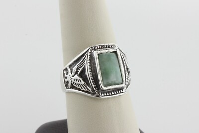 Vintage Sterling Silber 925 Rechteck Jade Fliegender Adler Design Ring-Größe 9