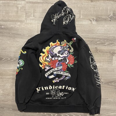 Vintage Y2K Raw Blue Hoodie Mens XL Black Full Zip Vindication
