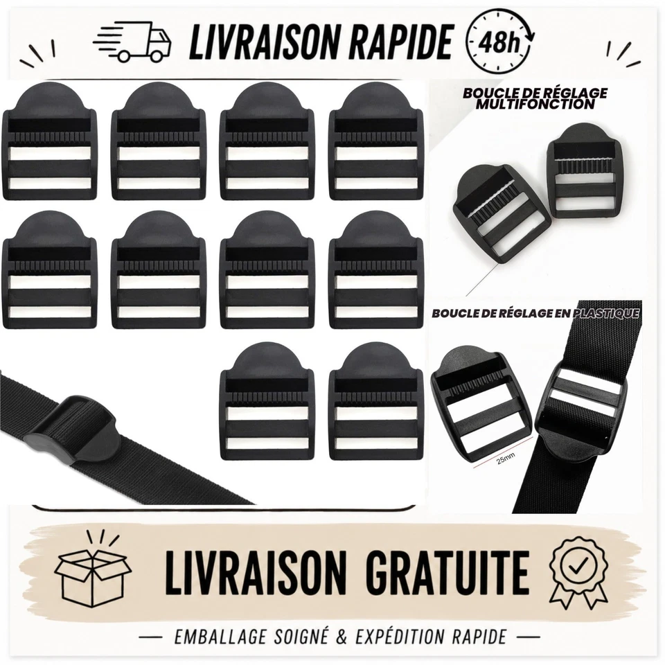 Boucle Plastique 25mm 10 Pièces avec Clip pour Sac à Dos Noir - Photo 1/4