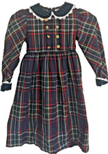 Vintage Girls Plaid Dress, 6 Collar Classic Blue Tartan Holiday Party Long Flann