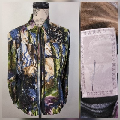 Alberto Makali Jacket Womens SZ 8  Floral Applique Zip Up Bomber Fitted Blazer