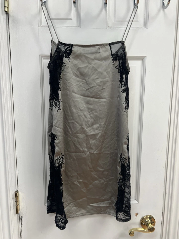 Satin Slip Dress with Black Lace Trim | Size M (UK 8/US 4/EU 36) | Silver Gray - Image 4 of 4