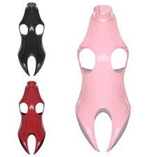 US Women Catsuit PU Leather Bodysuit Open Crotch Shinny Teddy Cutout Cup Leotard