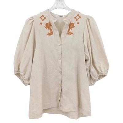 Lanhtropy Bubble Linen Shirt Womens Medium Oatmeal Beige Embroidered Puff Sleeve