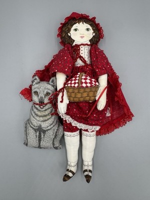 Vintage Cut & Sew Little Red Riding Hood & Wolf Fabric Ragdoll 13  Stuffed Doll