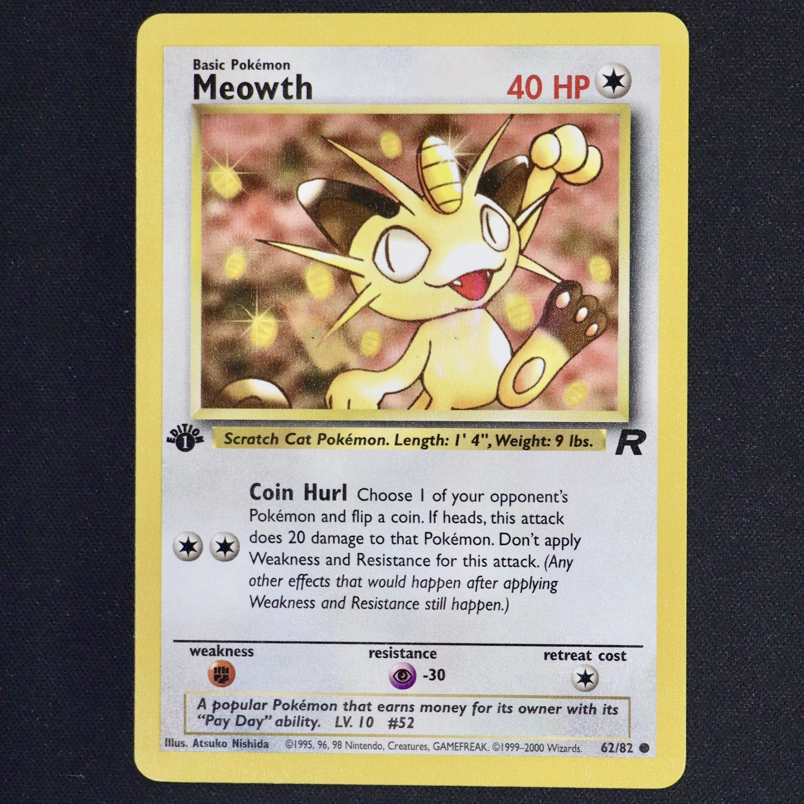 Meowth 62/82 Team Rocket 1st Edition – WOTC Vintage Pokémon Card NM