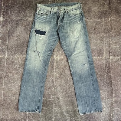 Mens Polo Ralph Lauren Denim & Supply Blue Patchwork Button Fly Jeans Sz 34 X 32