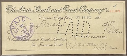 The State Bank and Trust Company Carson City Nevada Bank Draft  October 19 1903
