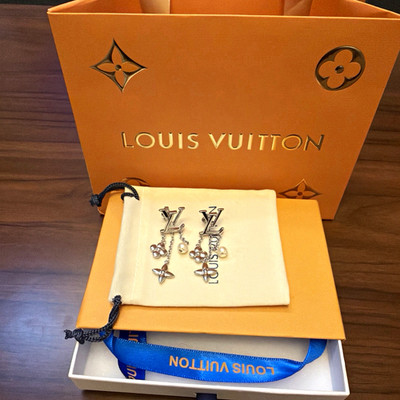 Louis Vuitton LV Logo Pearl Drop Dangle Stud Earrings Silver Tone White