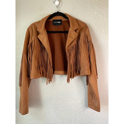 Fashion Nova braune Wildlederimitat Fransen Cropped Jacke Western Boho Style Gr. L - Bild 1 von 4