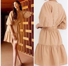Madewell Dress Womens Medium Khaki Brown Puff Sleeve Cutout Seersucker Tiered
