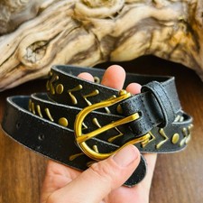 Vintage black Gold Tone brass studded leather belt size 39-44  XL
