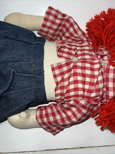 Sailor Raggedy Andy bambola epoca guerra rosso gingham blu denim fatto a mano rara 28 in - Foto 11 di 18