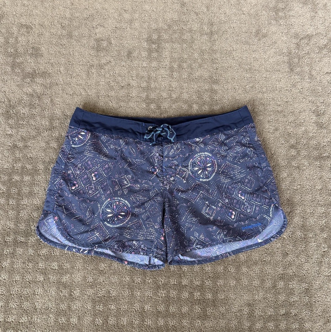 Patagonia Women’s Blue Geometric Swim Shorts Size 8 Nylon Drawstring
