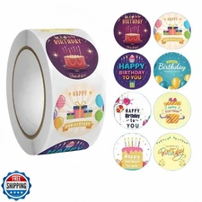 Vibrant Birthday Stickers Roll (500-Pack) - 1.5 Inch Waterproof Circle Labels