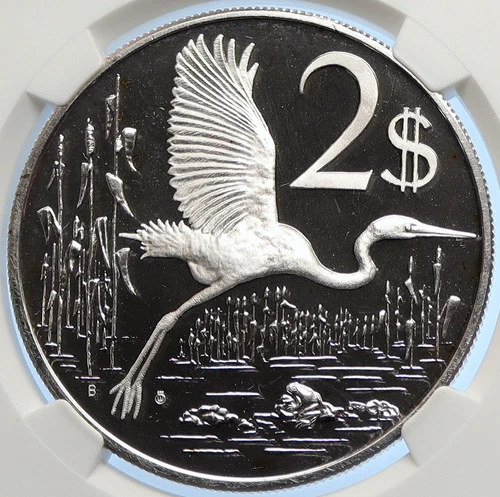 1975 CAYMAN ISLANDS Great Blue Heron BIRD Old Proof Silver $2 Coin NGC i106277