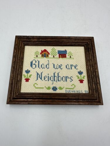 VTG Glad We Are Neighbors Framed Needlepoint Cross Stitch Sign Wall Art Signed - Picture 2 of 6