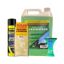 Winter Car Essentials Kit - De-icer / 6 in 1 Ice Scraper / Chamois / Screenwash