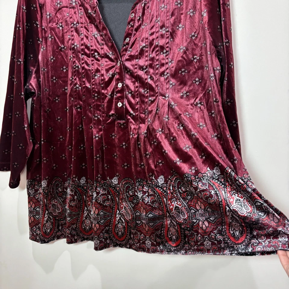 Топ женский Croft & Barrow размер XL миниатюрный бордовый бархат с цветочным узором пейсли Henley богемное - Изображение 3 из 4