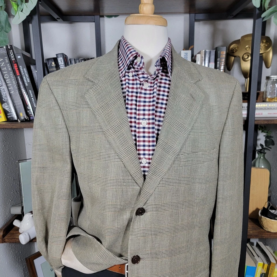 Abrigo Blazer Deportivo Para Hombre Nautica Tres Botones Beige A Cuadros Seda Mezcla Lana 44L Foto 2 de 4