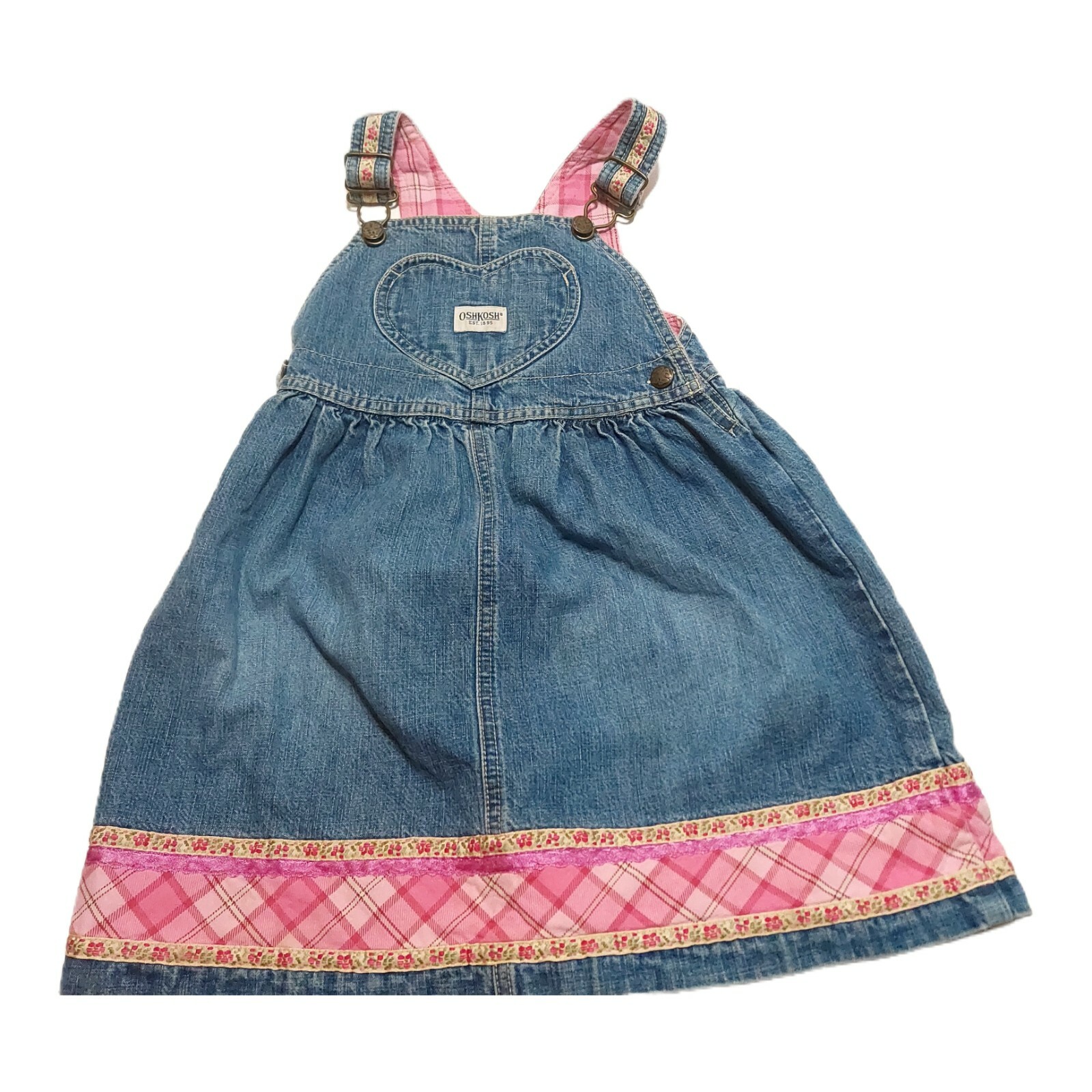 Oshkosh Girls 4T Dress Demin  Button Straps Vestbak Pink Plaid Accents