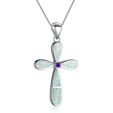 Hawaii White Fire Opal Cross Necklace pendants Silver Filled For Women Girls