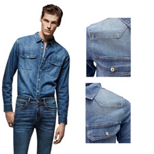 Mens Denim Shirt EX STORE High Quality Stretch 100% Cotton Long Sleeve New Shirt
