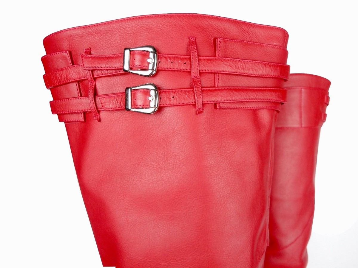 Bottes Sur Mesure CQ Couture Overknee - Cuir Rouge, Talons Aiguilles, Chaînes - Taille 45, Fabriqué En Italie, Neuf