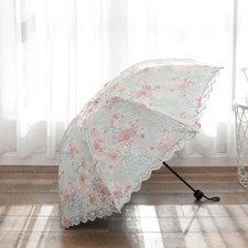 Floral Lace Umbrella Waterproof 3 Folding Embroidery Parasol Sun Protective