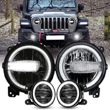 9" LED HEADLIGHTS + FOG LIGHT HALO DRL COMBO FOR JEEP WRANGLER JL JT 2018-2024