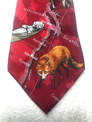 WORLD WILDLIFE FUND MENS TIE RED WITH FOX MOOSE DEER EAGLE 4 X 59