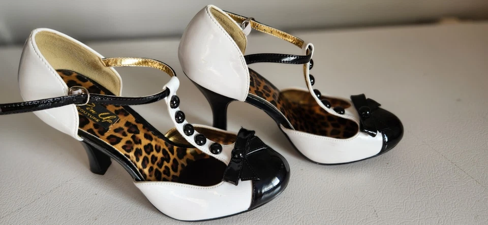 Pin Up Couture Smitten Kitten Heels Shoes Patent Look Black & White Rockabilly - Image 2 of 4